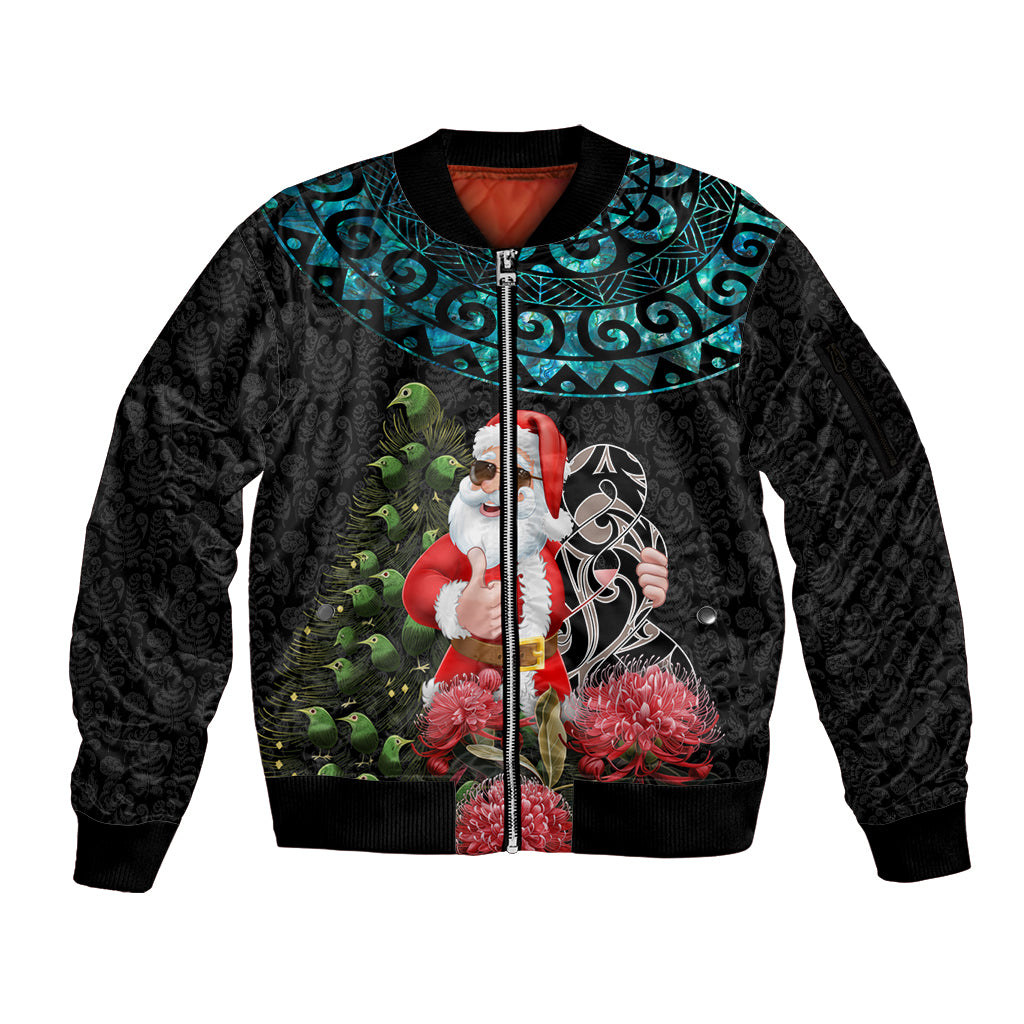 Personalized New Zealand Christmas Sleeve Zip Bomber Jacket Maori Santa Pikorua and Pohutukawa Meri Kirihimete LT03 Unisex Black - Polynesian Pride