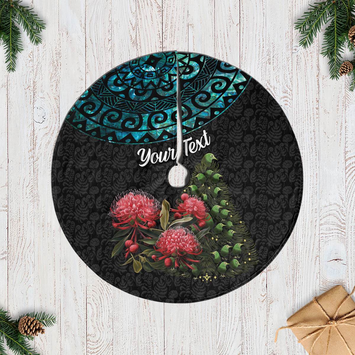 Personalized New Zealand Christmas Tree Skirt Maori Santa Pikorua and Pohutukawa Meri Kirihimete LT03 Black - Polynesian Pride