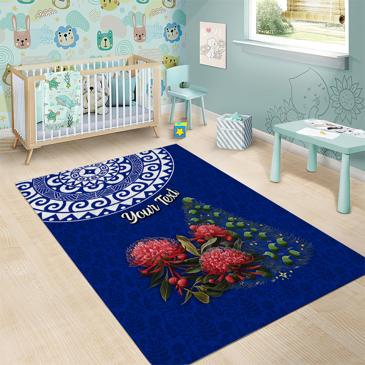 Personalized New Zealand Christmas Area Rug Maori Santa Pikorua and Pohutukawa Meri Kirihimete Blue LT03 - Polynesian Pride