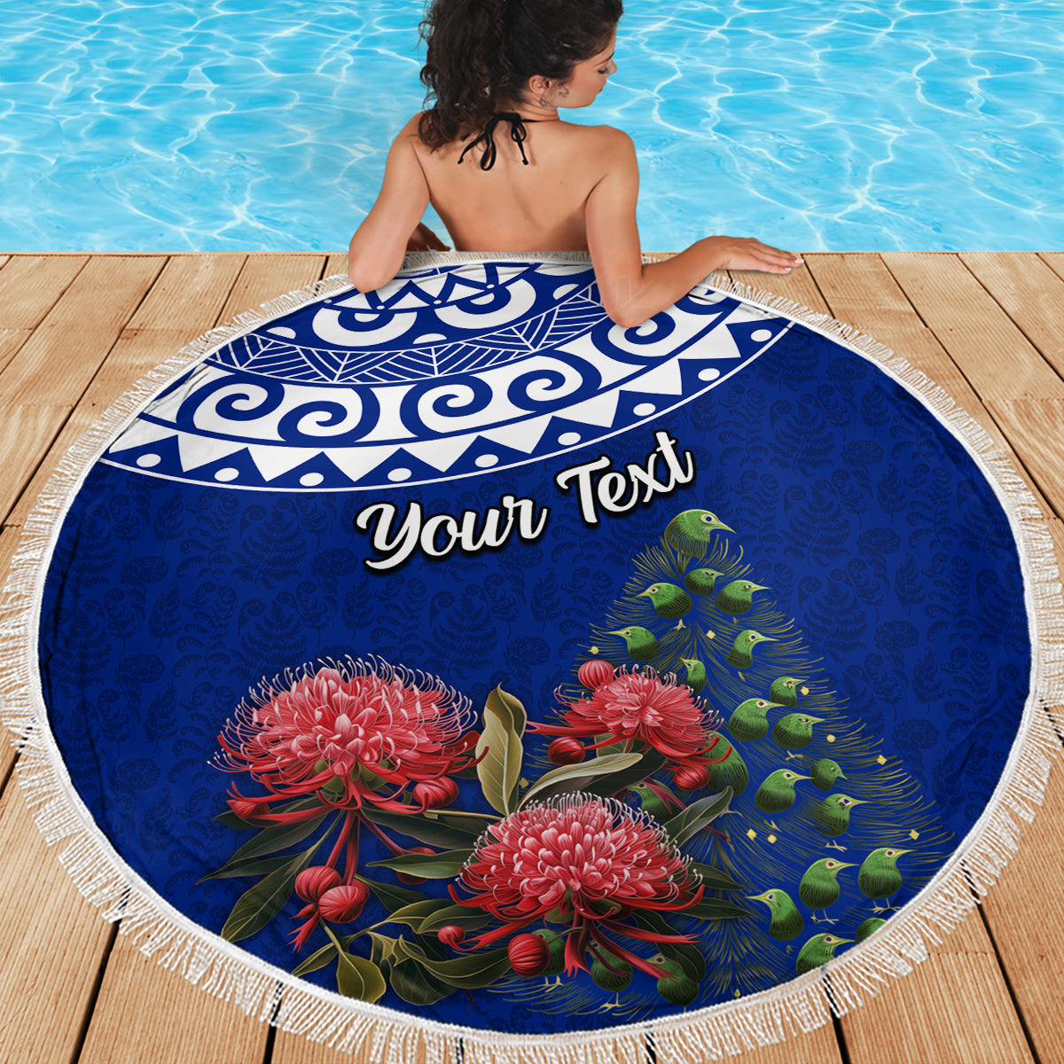 Personalized New Zealand Christmas Beach Blanket Maori Santa Pikorua and Pohutukawa Meri Kirihimete Blue LT03 - Polynesian Pride