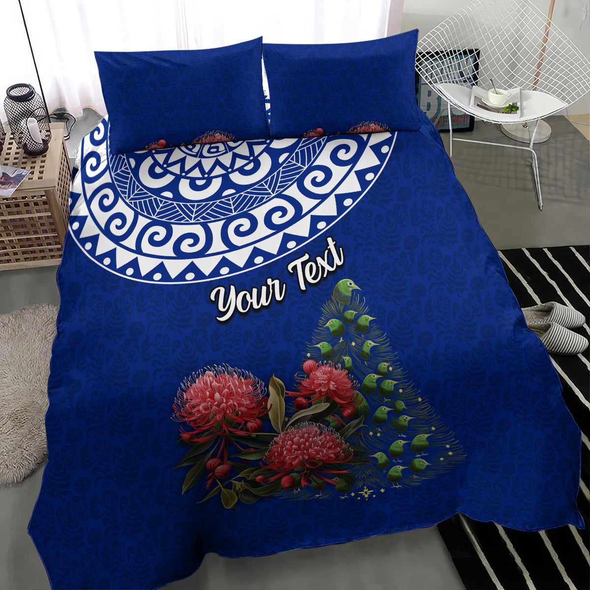 Personalized New Zealand Christmas Bedding Set Maori Santa Pikorua and Pohutukawa Meri Kirihimete Blue LT03 - Polynesian Pride