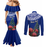 Personalized New Zealand Christmas Couples Matching Mermaid Dress and Long Sleeve Button Shirt Maori Santa Pikorua and Pohutukawa Meri Kirihimete Blue LT03 - Polynesian Pride