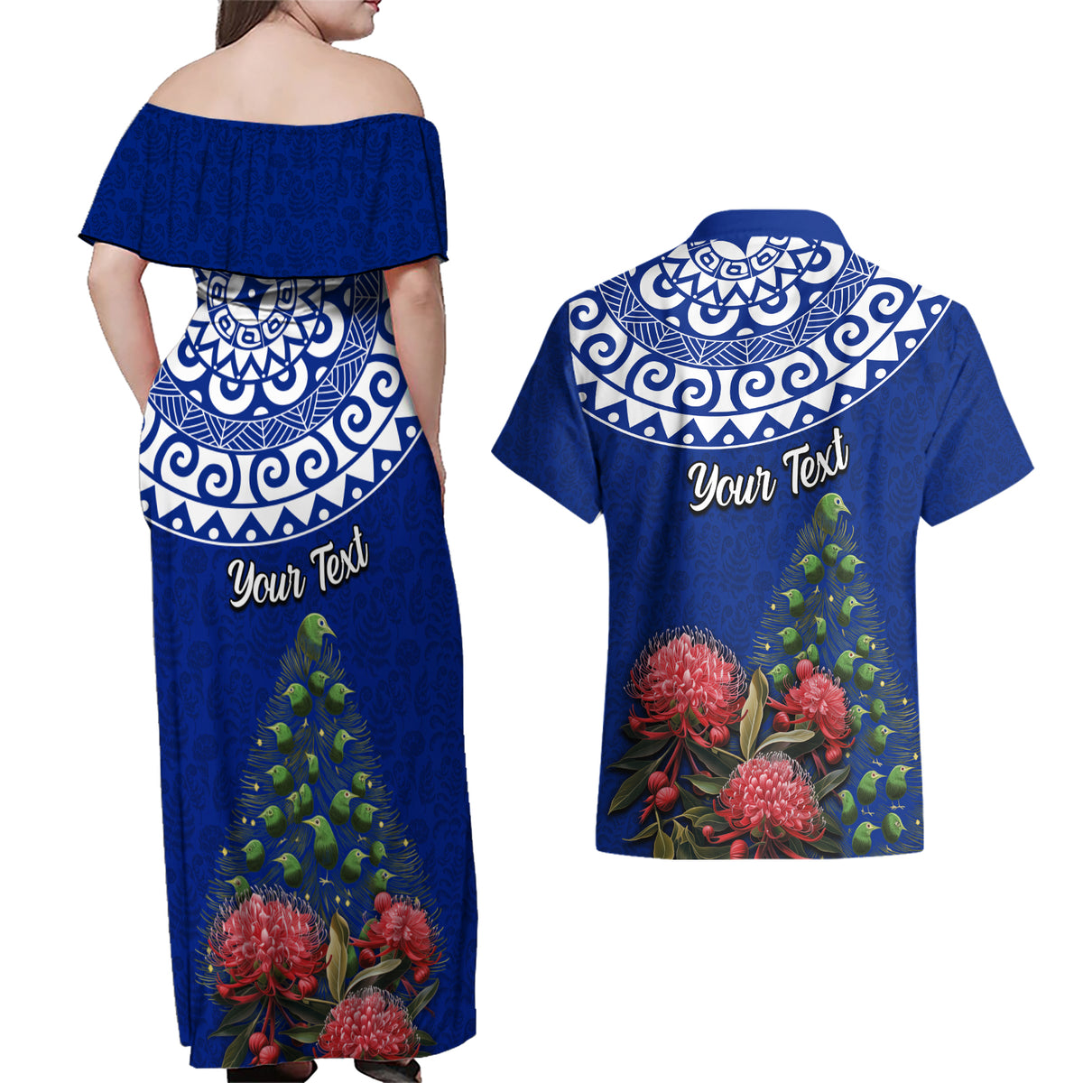 Personalized New Zealand Christmas Couples Matching Off Shoulder Maxi Dress and Hawaiian Shirt Maori Santa Pikorua and Pohutukawa Meri Kirihimete Blue LT03 - Polynesian Pride