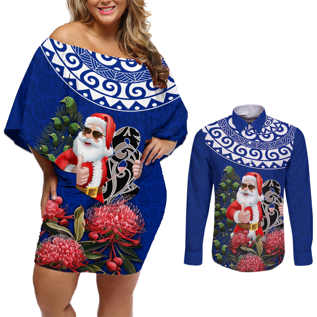 Personalized New Zealand Christmas Couples Matching Off Shoulder Short Dress and Long Sleeve Button Shirt Maori Santa Pikorua and Pohutukawa Meri Kirihimete Blue LT03 Blue - Polynesian Pride