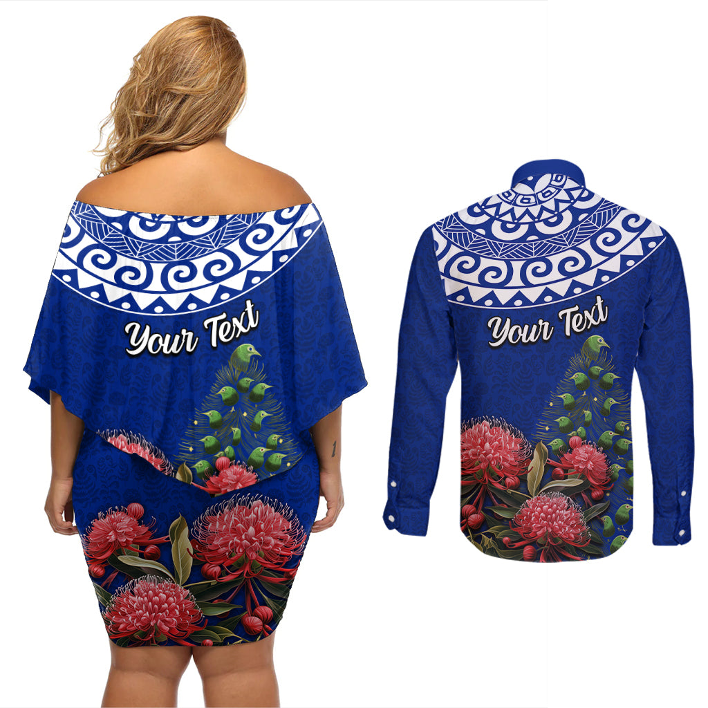 Personalized New Zealand Christmas Couples Matching Off Shoulder Short Dress and Long Sleeve Button Shirt Maori Santa Pikorua and Pohutukawa Meri Kirihimete Blue LT03 - Polynesian Pride