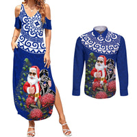 Personalized New Zealand Christmas Couples Matching Summer Maxi Dress and Long Sleeve Button Shirt Maori Santa Pikorua and Pohutukawa Meri Kirihimete Blue LT03 Blue - Polynesian Pride