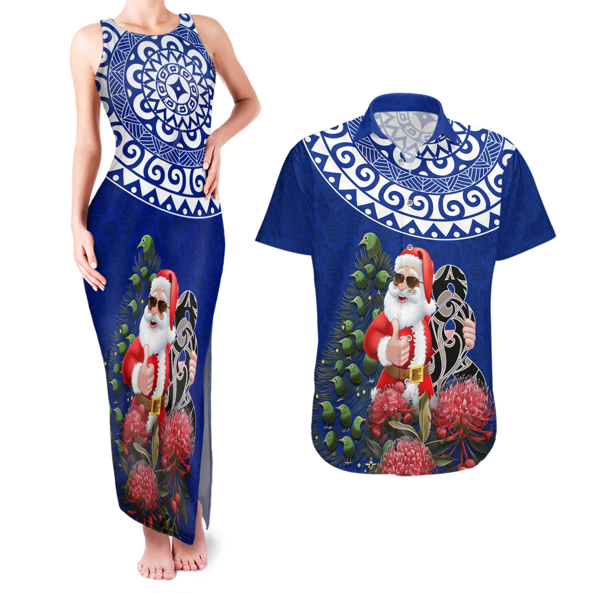 Personalized New Zealand Christmas Couples Matching Tank Maxi Dress and Hawaiian Shirt Maori Santa Pikorua and Pohutukawa Meri Kirihimete Blue LT03 Blue - Polynesian Pride