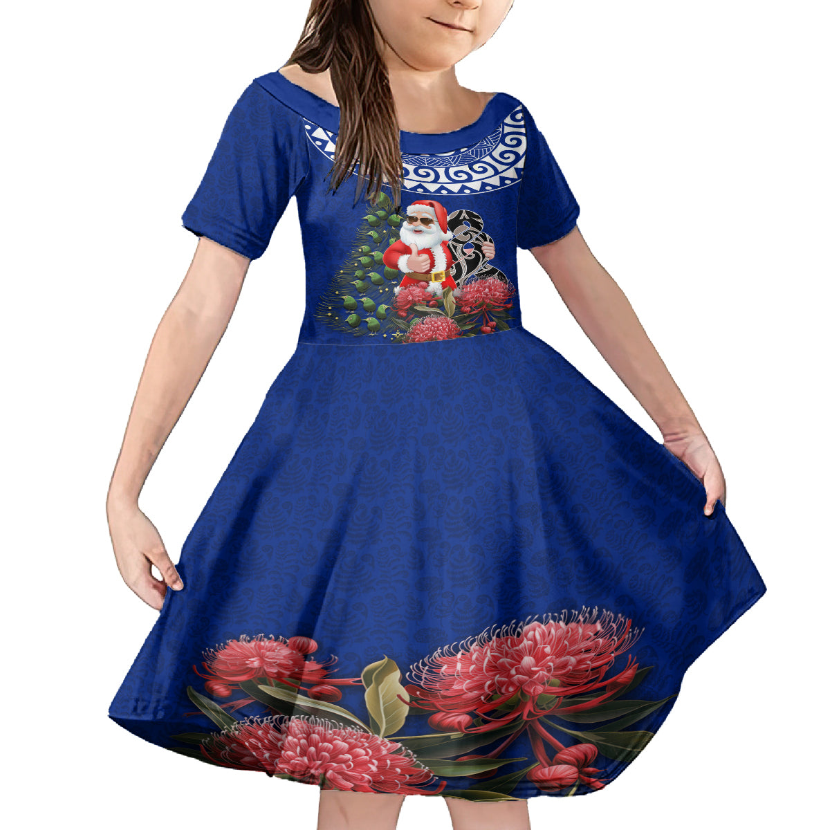 Personalized New Zealand Christmas Family Matching Off Shoulder Long Sleeve Dress and Hawaiian Shirt Maori Santa Pikorua and Pohutukawa Meri Kirihimete Blue LT03 Daughter's Dress Blue - Polynesian Pride