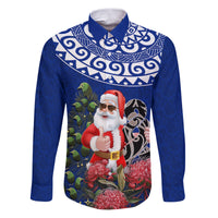 Personalized New Zealand Christmas Family Matching Puletasi Dress and Hawaiian Shirt Maori Santa Pikorua and Pohutukawa Meri Kirihimete Blue LT03 Dad's Shirt - Long Sleeve Blue - Polynesian Pride