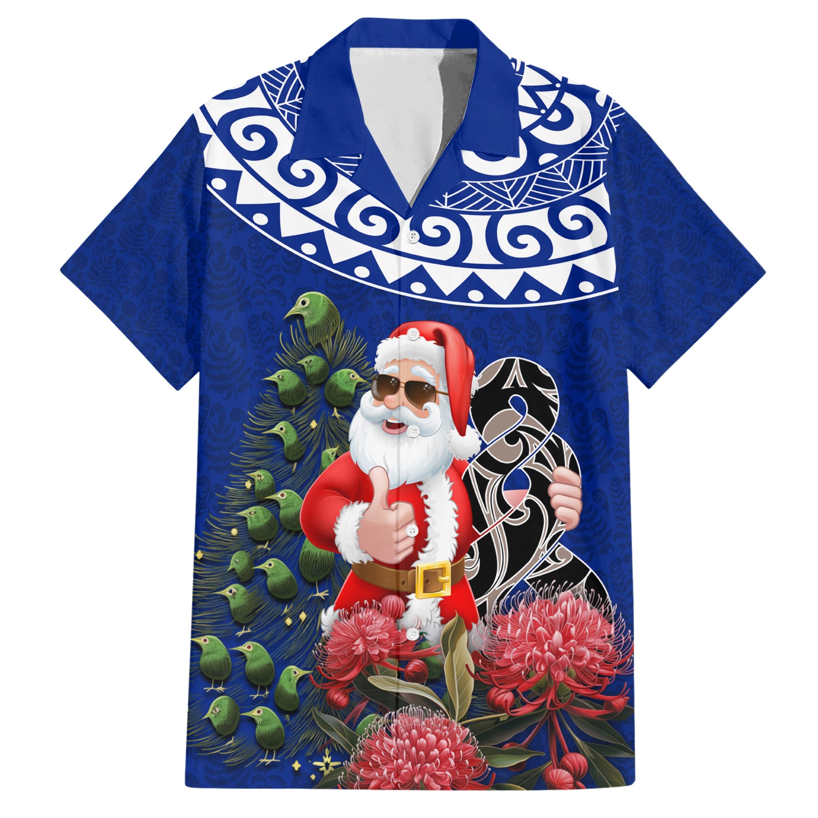 Personalized New Zealand Christmas Hawaiian Shirt Maori Santa Pikorua and Pohutukawa Meri Kirihimete Blue LT03 Blue - Polynesian Pride