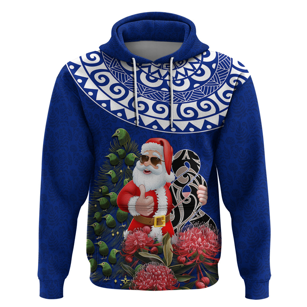 Personalized New Zealand Christmas Hoodie Maori Santa Pikorua and Pohutukawa Meri Kirihimete Blue LT03 Blue - Polynesian Pride