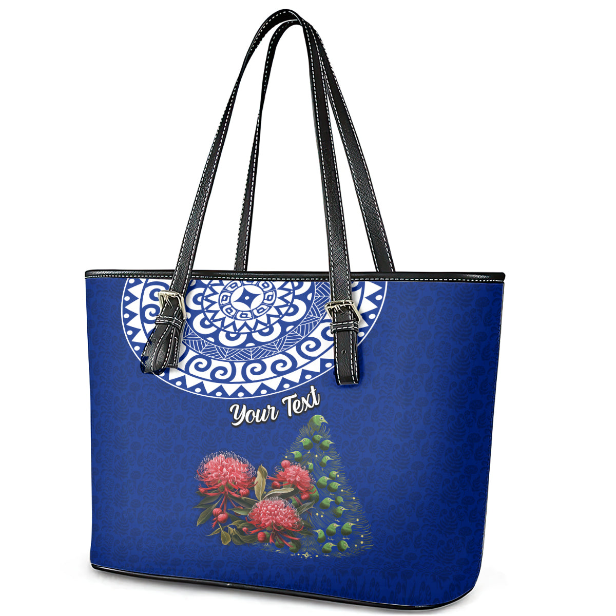 Personalized New Zealand Christmas Leather Tote Bag Maori Santa Pikorua and Pohutukawa Meri Kirihimete Blue LT03 - Polynesian Pride