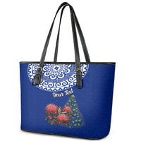 Personalized New Zealand Christmas Leather Tote Bag Maori Santa Pikorua and Pohutukawa Meri Kirihimete Blue LT03 - Polynesian Pride