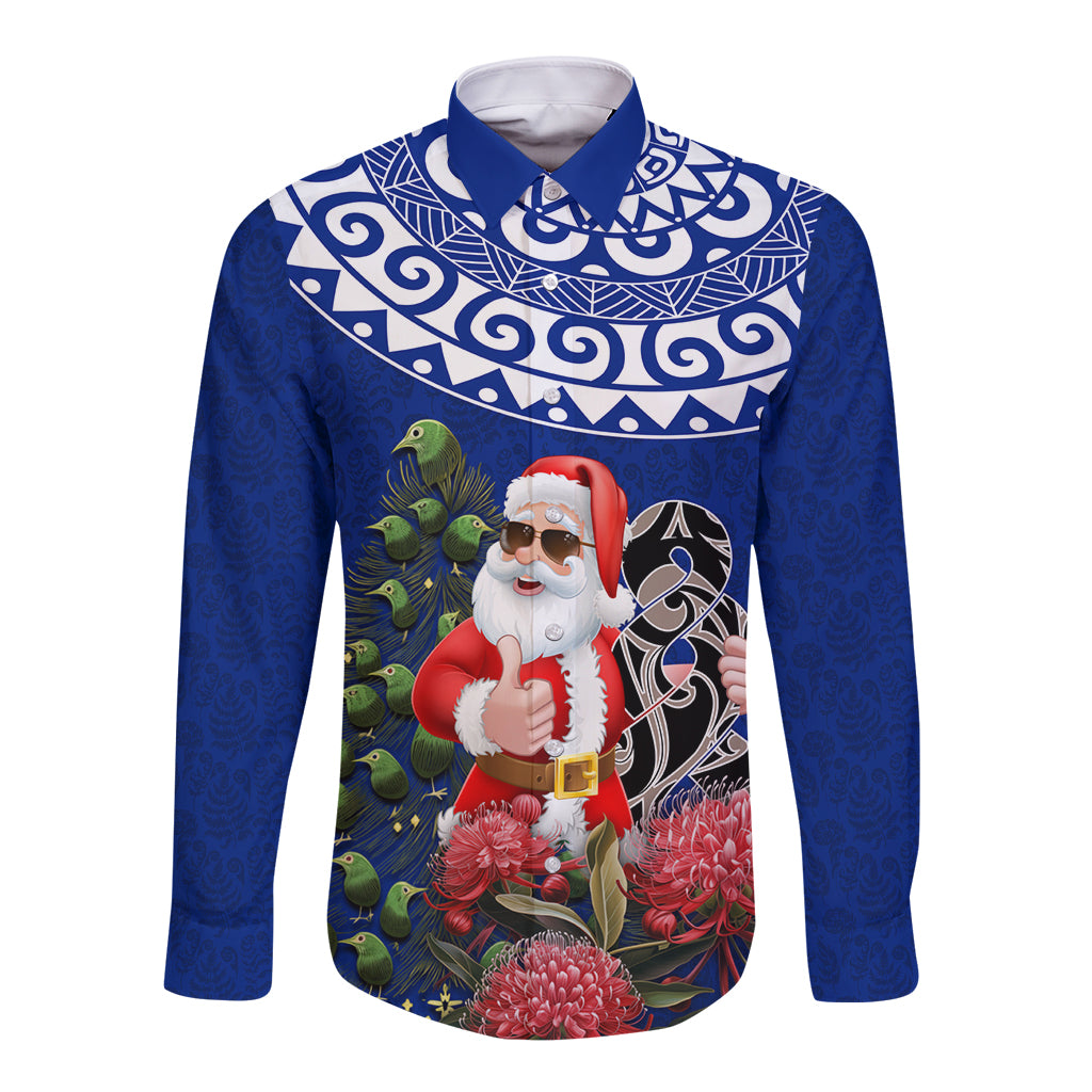 Personalized New Zealand Christmas Long Sleeve Button Shirt Maori Santa Pikorua and Pohutukawa Meri Kirihimete Blue LT03 Unisex Blue - Polynesian Pride