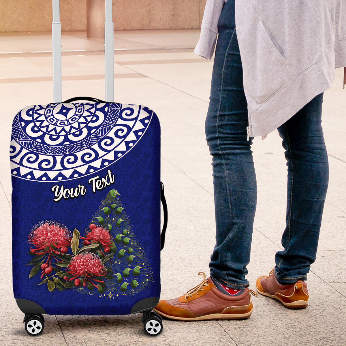 Personalized New Zealand Christmas Luggage Cover Maori Santa Pikorua and Pohutukawa Meri Kirihimete Blue LT03 Blue - Polynesian Pride