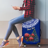 Personalized New Zealand Christmas Luggage Cover Maori Santa Pikorua and Pohutukawa Meri Kirihimete Blue LT03 - Polynesian Pride