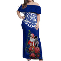 Personalized New Zealand Christmas Off Shoulder Maxi Dress Maori Santa Pikorua and Pohutukawa Meri Kirihimete Blue LT03 Women Blue - Polynesian Pride