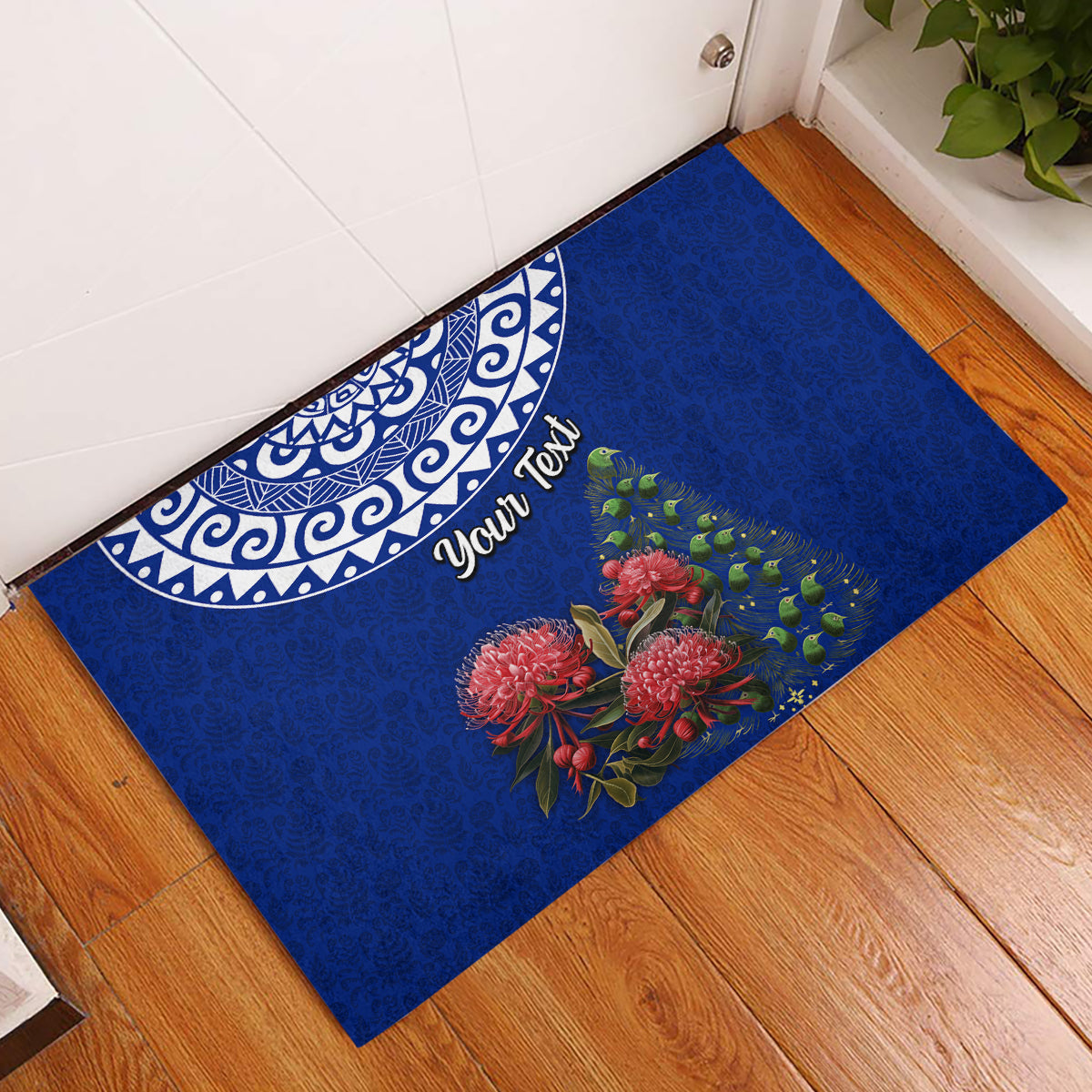 Personalized New Zealand Christmas Rubber Doormat Maori Santa Pikorua and Pohutukawa Meri Kirihimete Blue LT03 Blue - Polynesian Pride