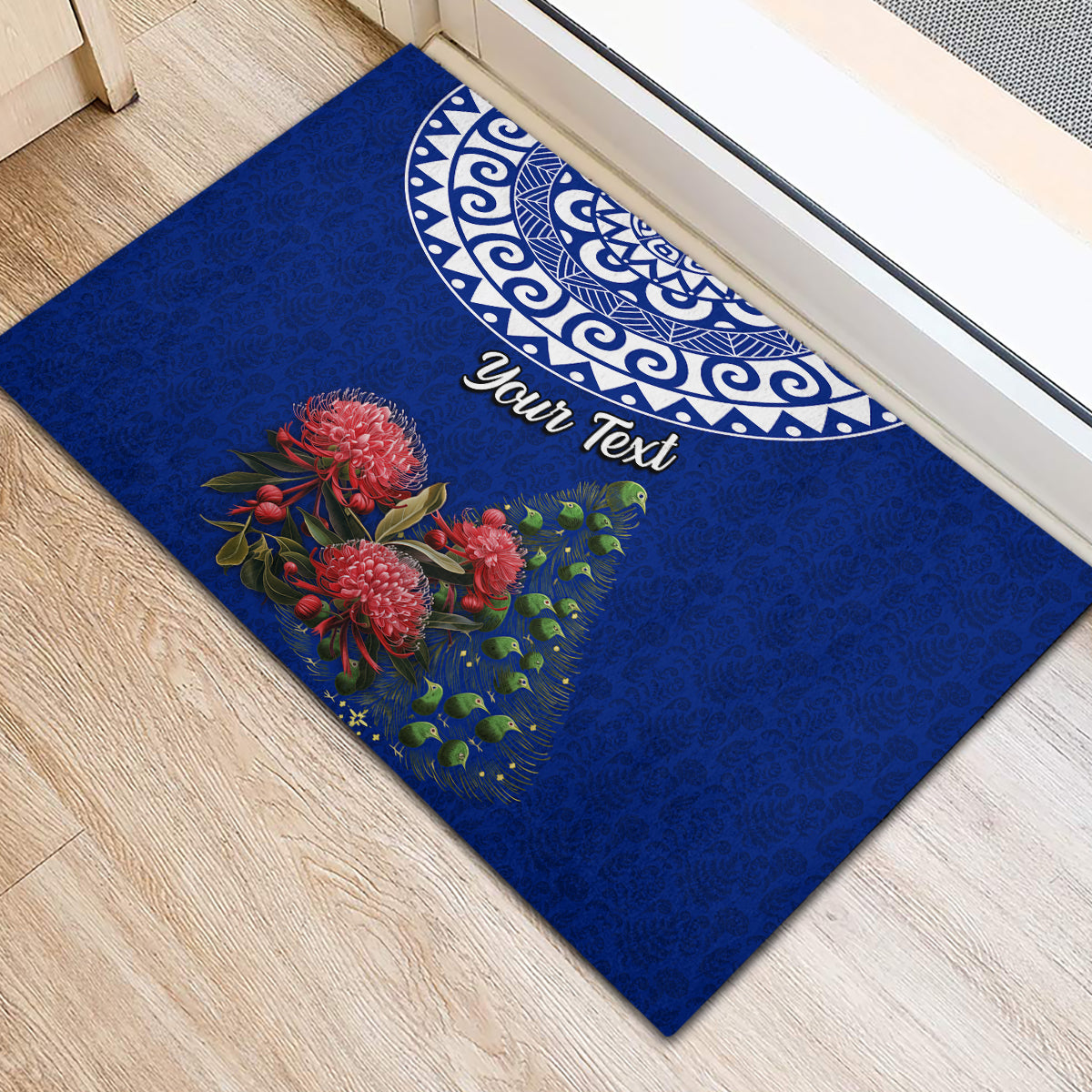 Personalized New Zealand Christmas Rubber Doormat Maori Santa Pikorua and Pohutukawa Meri Kirihimete Blue LT03 - Polynesian Pride