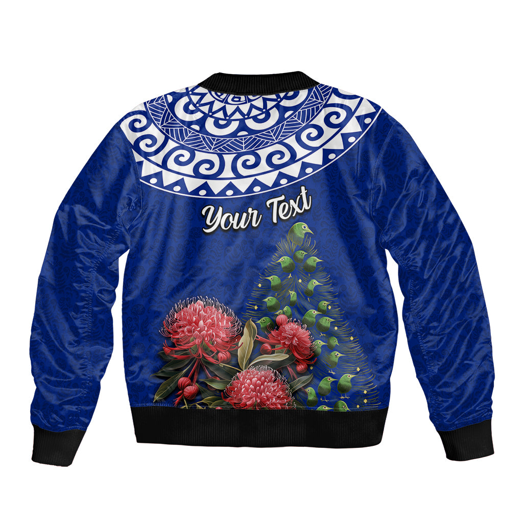 Personalized New Zealand Christmas Sleeve Zip Bomber Jacket Maori Santa Pikorua and Pohutukawa Meri Kirihimete Blue LT03 - Polynesian Pride