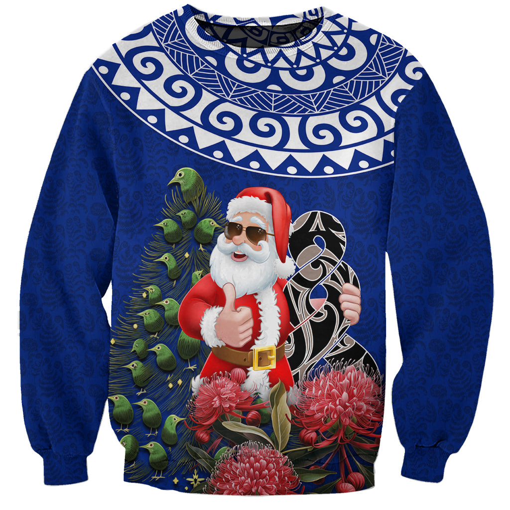 Personalized New Zealand Christmas Sweatshirt Maori Santa Pikorua and Pohutukawa Meri Kirihimete Blue LT03 Unisex Blue - Polynesian Pride