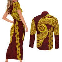 Tonga High School Couples Matching Short Sleeve Bodycon Dress and Long Sleeve Button Shirt Traditional Ngatu and Polynesian Pattern LT03 - Polynesian Pride