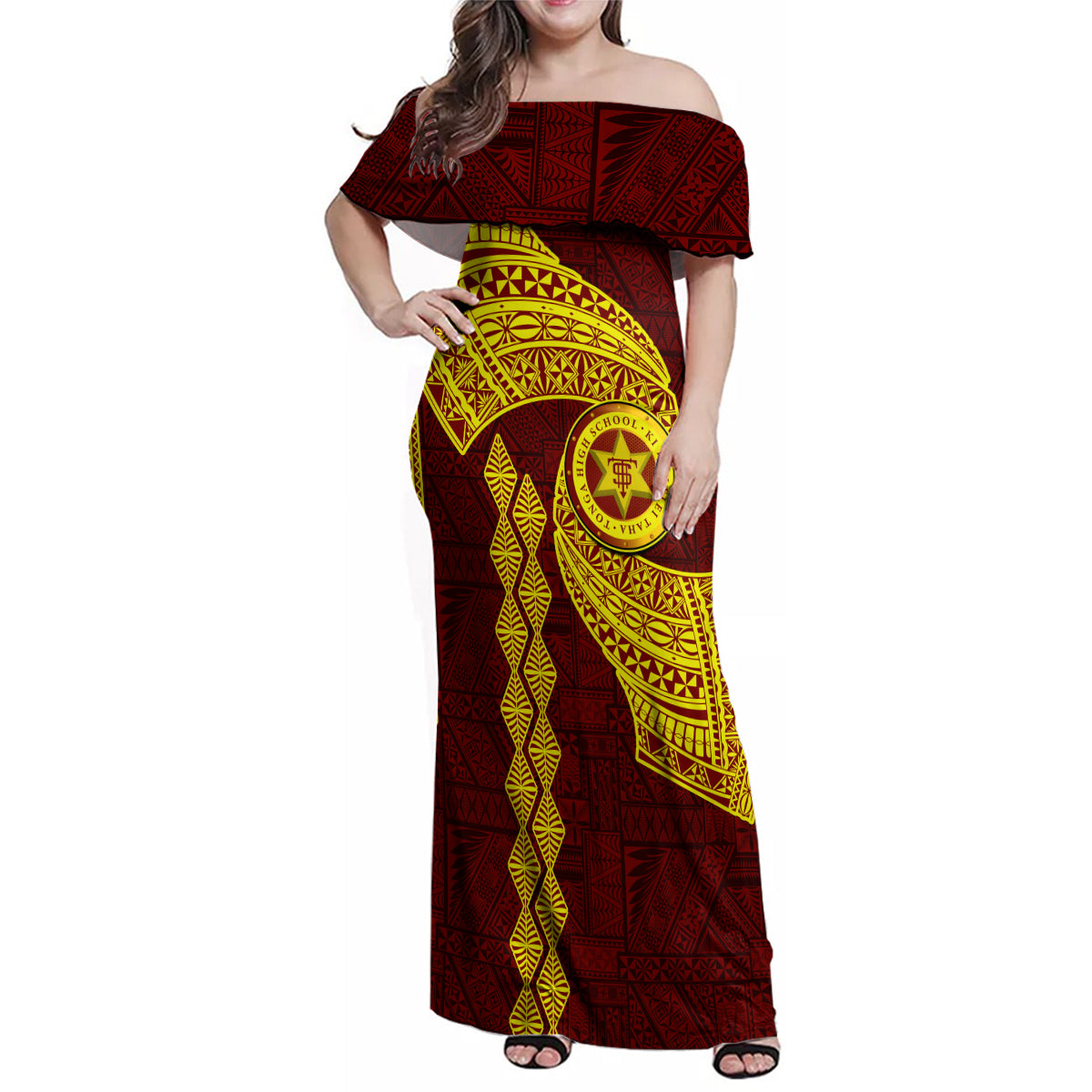 Tonga High School Family Matching Off Shoulder Maxi Dress and Hawaiian Shirt Traditional Ngatu and Polynesian Pattern LT03 Mom's Dress Yellow - Polynesian Pride