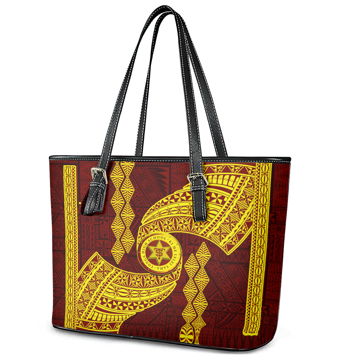 Tonga High School Leather Tote Bag Traditional Ngatu and Polynesian Pattern LT03 - Polynesian Pride