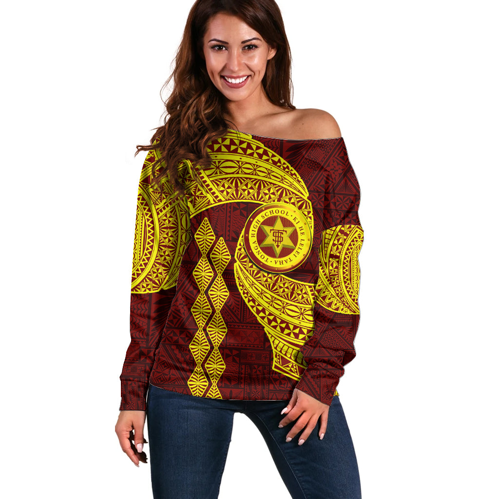 Tonga High School Off Shoulder Sweater Traditional Ngatu and Polynesian Pattern LT03 Women Yellow - Polynesian Pride