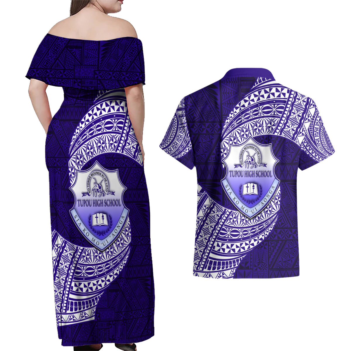 Tonga Tupou High School Couples Matching Off Shoulder Maxi Dress and Hawaiian Shirt Traditional Ngatu and Polynesian Pattern LT03 - Polynesian Pride