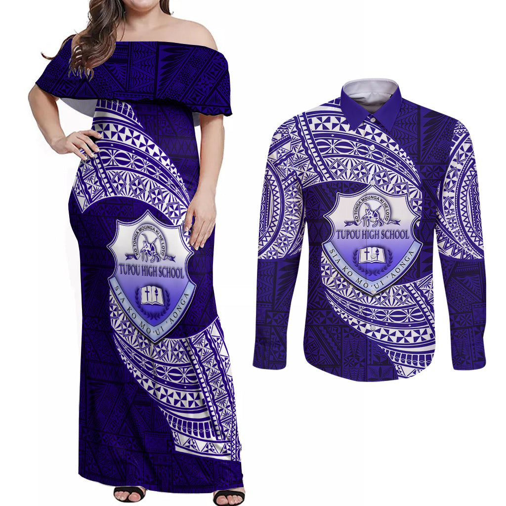 Tonga Tupou High School Couples Matching Off Shoulder Maxi Dress and Long Sleeve Button Shirt Traditional Ngatu and Polynesian Pattern LT03 Blue - Polynesian Pride