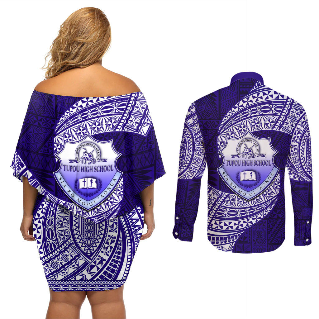 Tonga Tupou High School Couples Matching Off Shoulder Short Dress and Long Sleeve Button Shirt Traditional Ngatu and Polynesian Pattern LT03 - Polynesian Pride