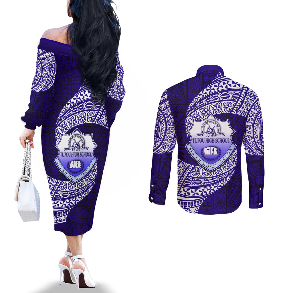 Tonga Tupou High School Couples Matching Off The Shoulder Long Sleeve Dress and Long Sleeve Button Shirt Traditional Ngatu and Polynesian Pattern LT03 - Polynesian Pride