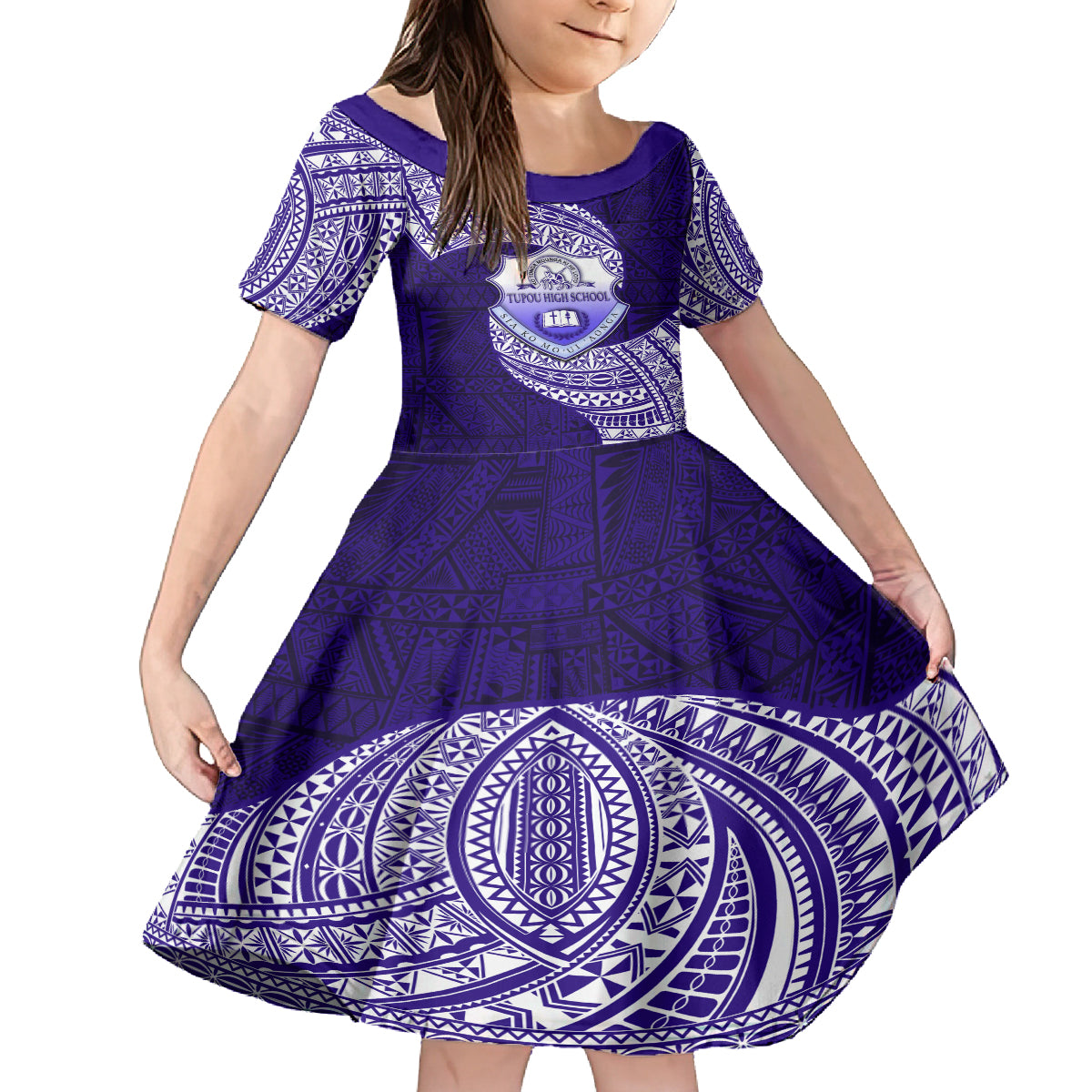 Tonga Tupou High School Family Matching Off Shoulder Long Sleeve Dress and Hawaiian Shirt Traditional Ngatu and Polynesian Pattern LT03 Daughter's Dress Blue - Polynesian Pride