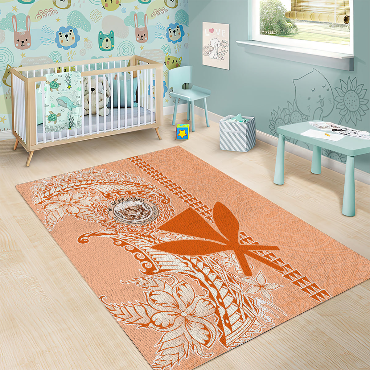 Kanaka Maoli Tropical Flowers with Kakau Tribal Area Rug Peach Fuzz Color LT03 - Polynesian Pride