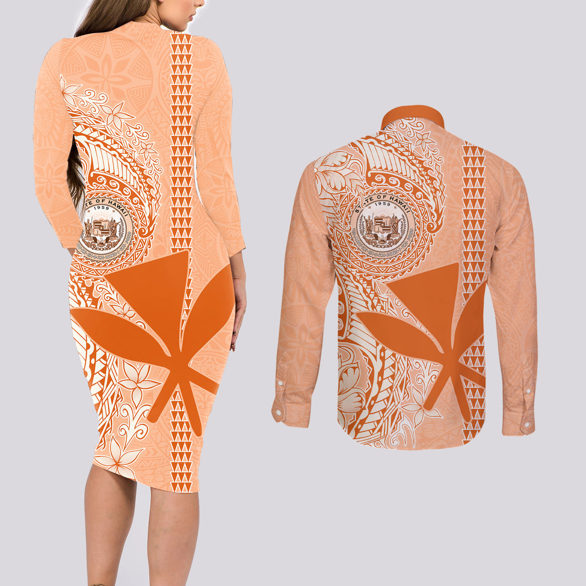 Kanaka Maoli Tropical Flowers with Kakau Tribal Couples Matching Long Sleeve Bodycon Dress and Long Sleeve Button Shirt Peach Fuzz Color LT03 - Polynesian Pride