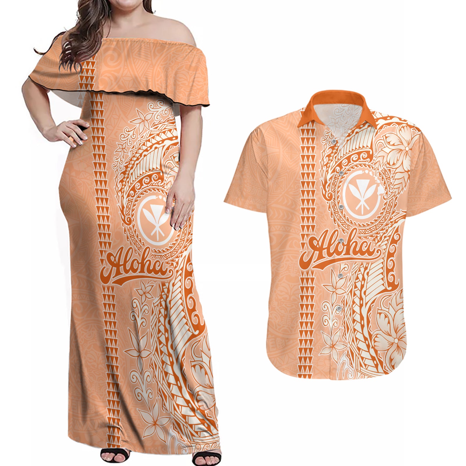 Kanaka Maoli Tropical Flowers with Kakau Tribal Couples Matching Off Shoulder Maxi Dress and Hawaiian Shirt Peach Fuzz Color LT03 Peach Fuzz - Polynesian Pride