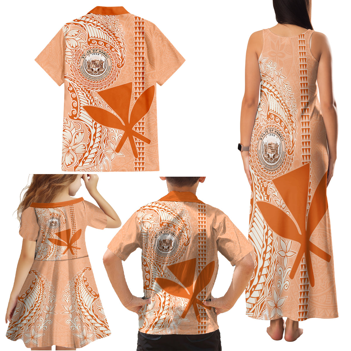 Kanaka Maoli Tropical Flowers with Kakau Tribal Family Matching Tank Maxi Dress and Hawaiian Shirt Peach Fuzz Color LT03 - Polynesian Pride