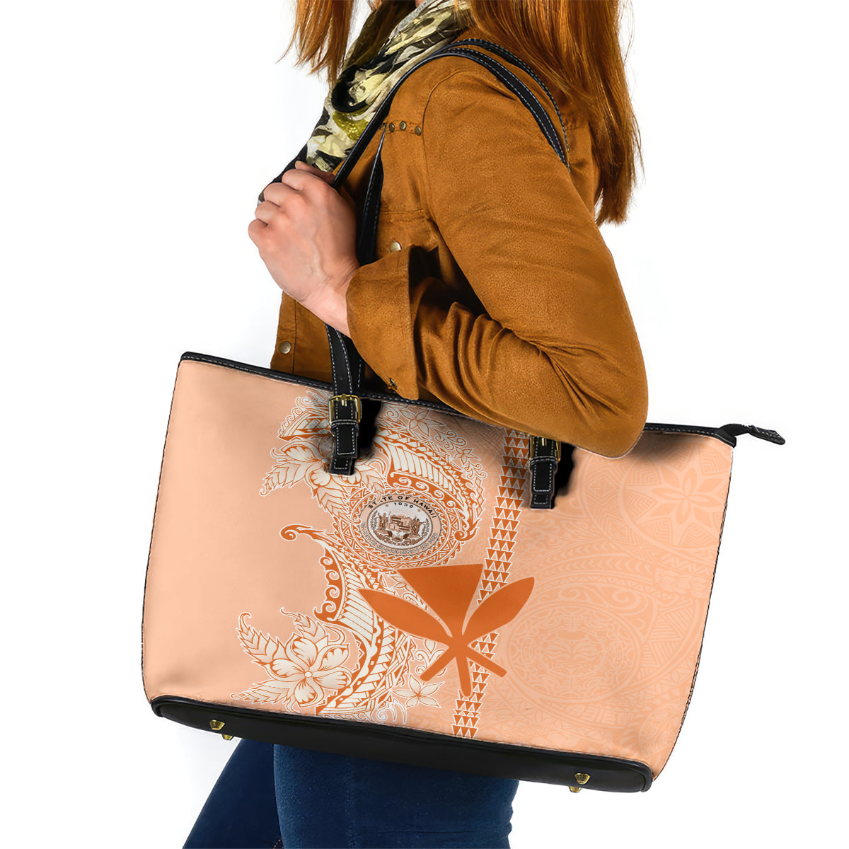 Kanaka Maoli Tropical Flowers with Kakau Tribal Leather Tote Bag Peach Fuzz Color LT03 Peach Fuzz - Polynesian Pride