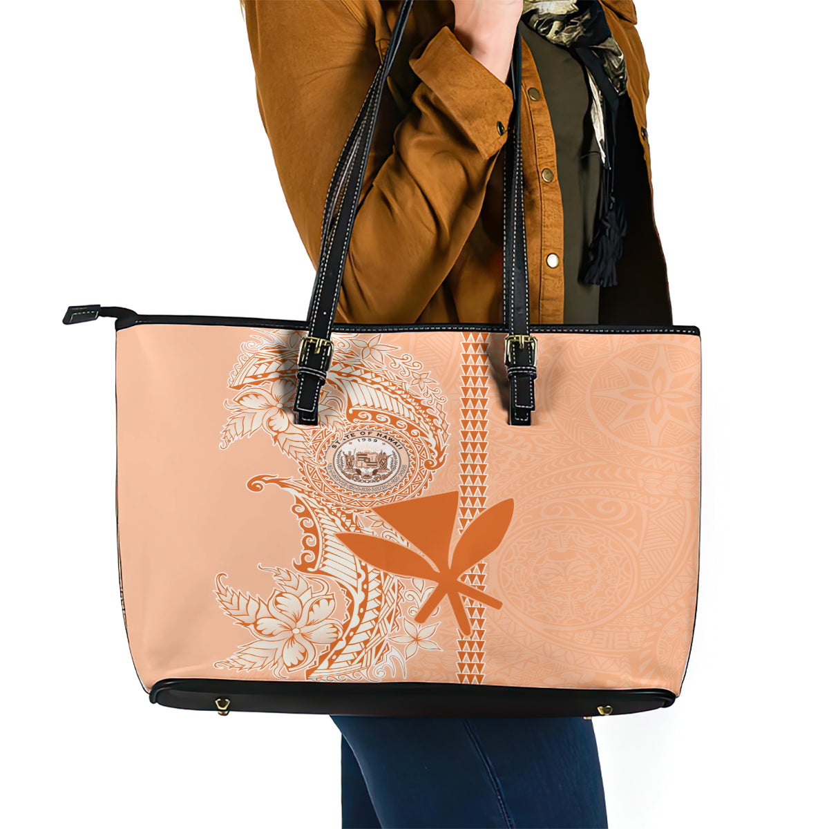 Kanaka Maoli Tropical Flowers with Kakau Tribal Leather Tote Bag Peach Fuzz Color LT03 - Polynesian Pride