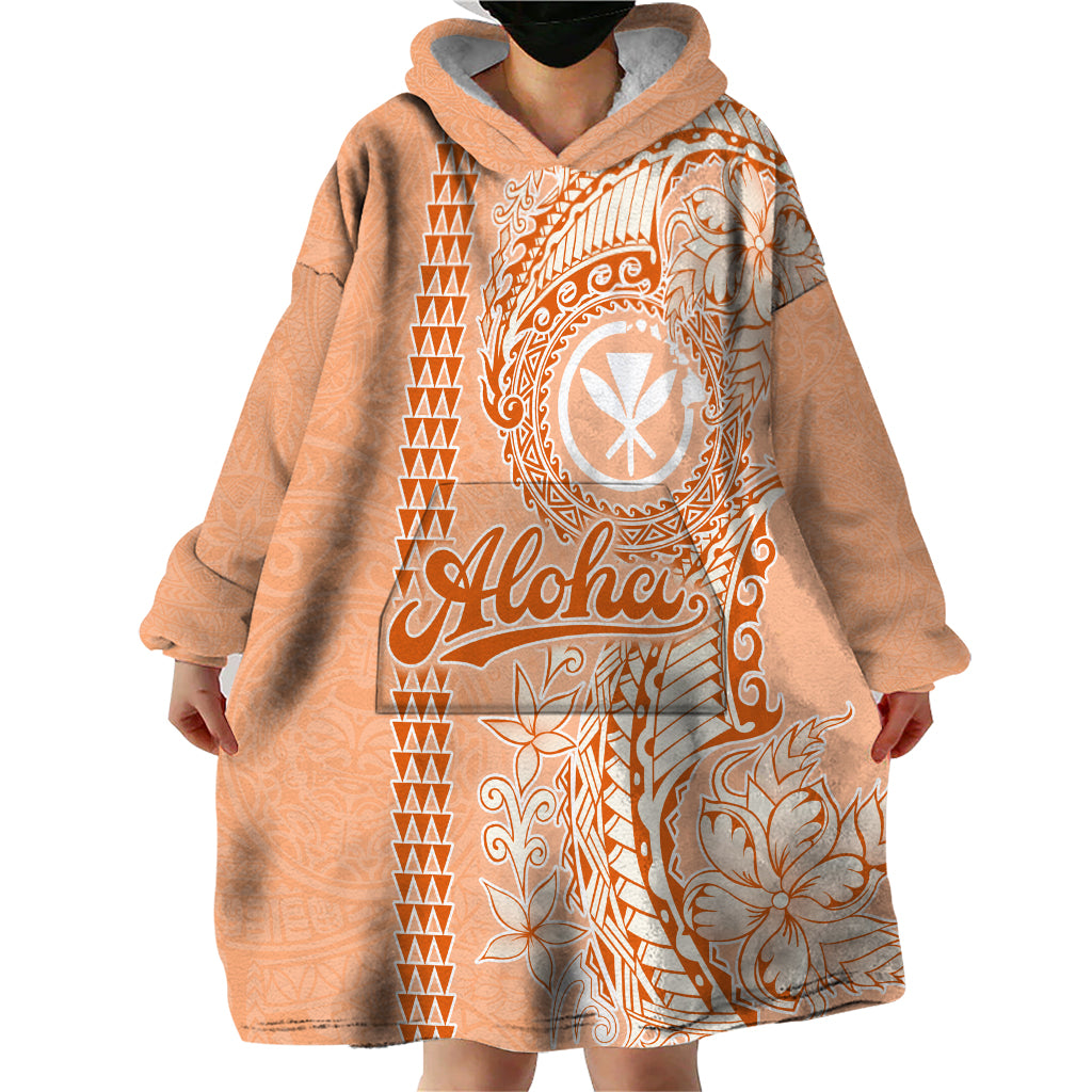 Kanaka Maoli Tropical Flowers with Kakau Tribal Wearable Blanket Hoodie Peach Fuzz Color LT03 - Polynesian Pride