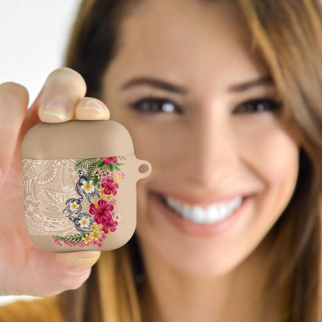 Hawaiian Tropical Flowers and Tribal Turtles AirPods Case Polynesian Art Motifs Beige Color LT03 - Polynesian Pride