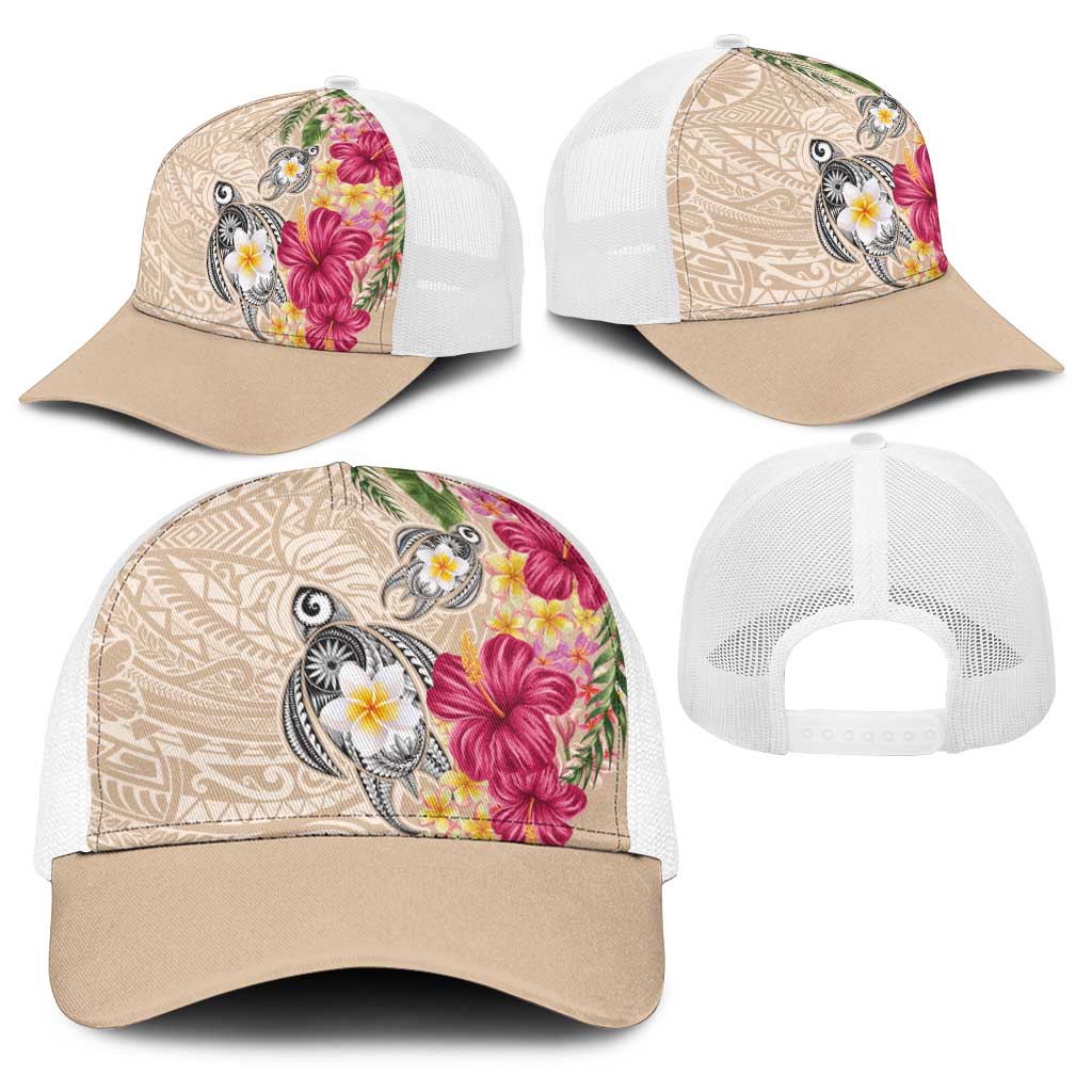 Hawaiian Tropical Flowers and Tribal Turtles Baseball Net Cap Polynesian Art Motifs Beige Color - Polynesian Pride