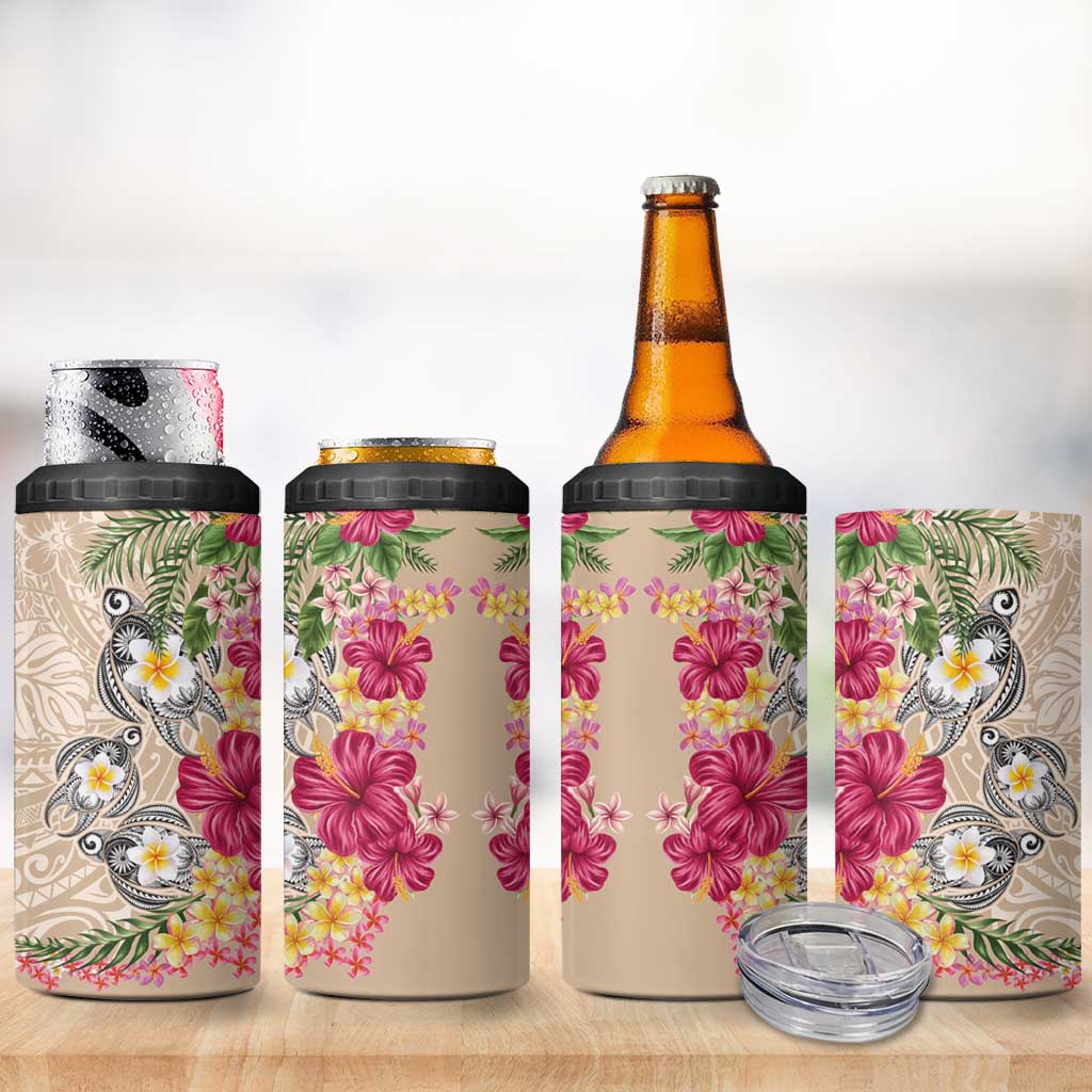 Hawaiian Tropical Flowers and Tribal Turtles 4 in 1 Can Cooler Tumbler Polynesian Art Motifs Beige Color LT03 - Polynesian Pride