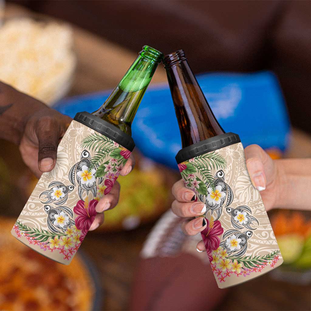 Hawaiian Tropical Flowers and Tribal Turtles 4 in 1 Can Cooler Tumbler Polynesian Art Motifs Beige Color LT03 - Polynesian Pride