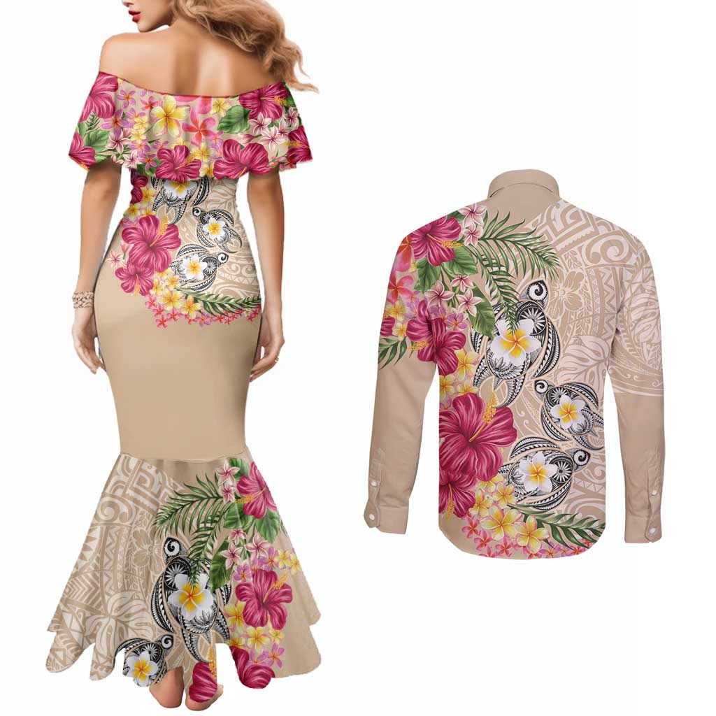 Hawaiian Tropical Flowers and Tribal Turtles Couples Matching Mermaid Dress and Long Sleeve Button Shirt Polynesian Art Motifs Beige Color LT03 - Polynesian Pride