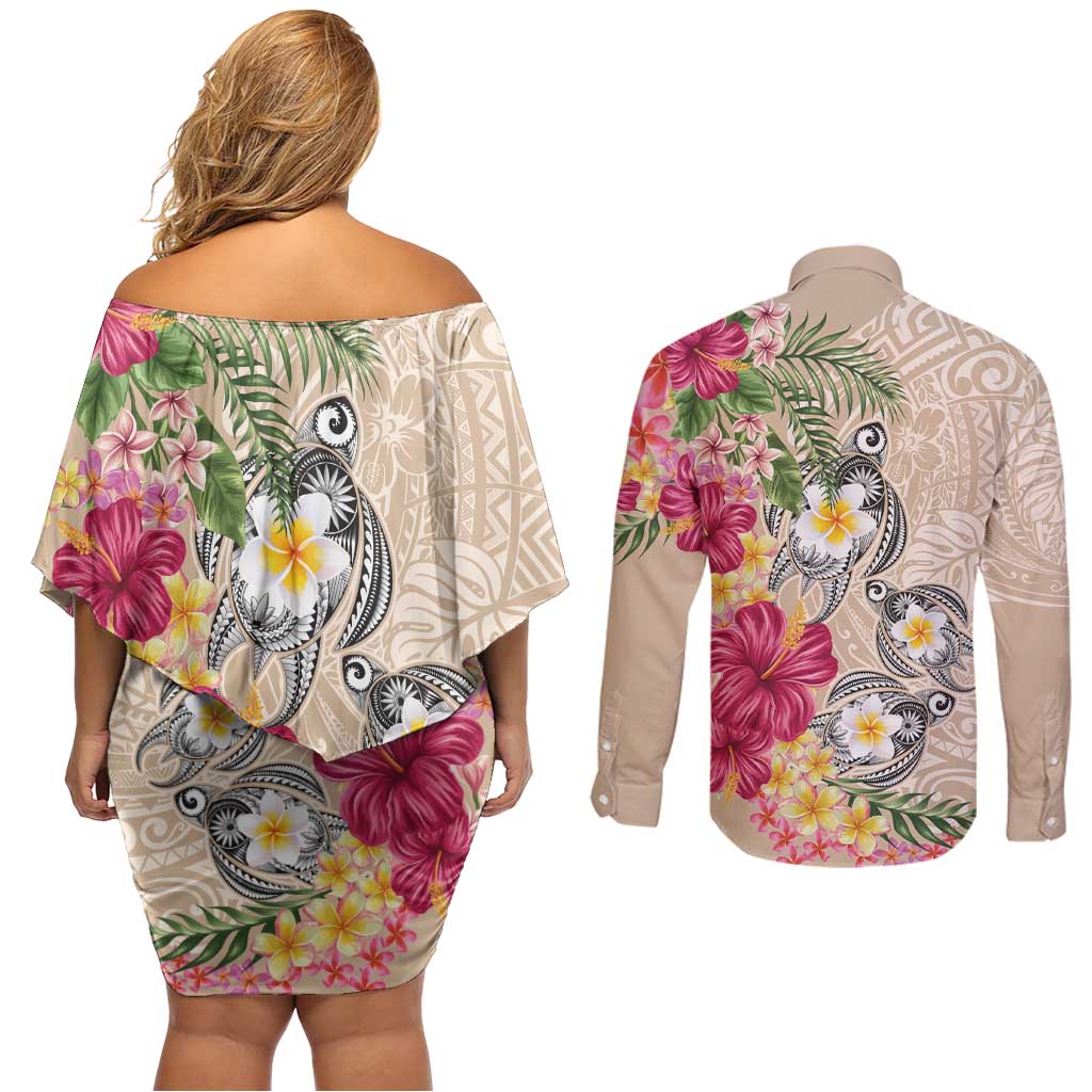 Hawaiian Tropical Flowers and Tribal Turtles Couples Matching Off Shoulder Short Dress and Long Sleeve Button Shirt Polynesian Art Motifs Beige Color LT03 - Polynesian Pride