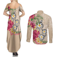 Hawaiian Tropical Flowers and Tribal Turtles Couples Matching Summer Maxi Dress and Long Sleeve Button Shirt Polynesian Art Motifs Beige Color LT03 - Polynesian Pride