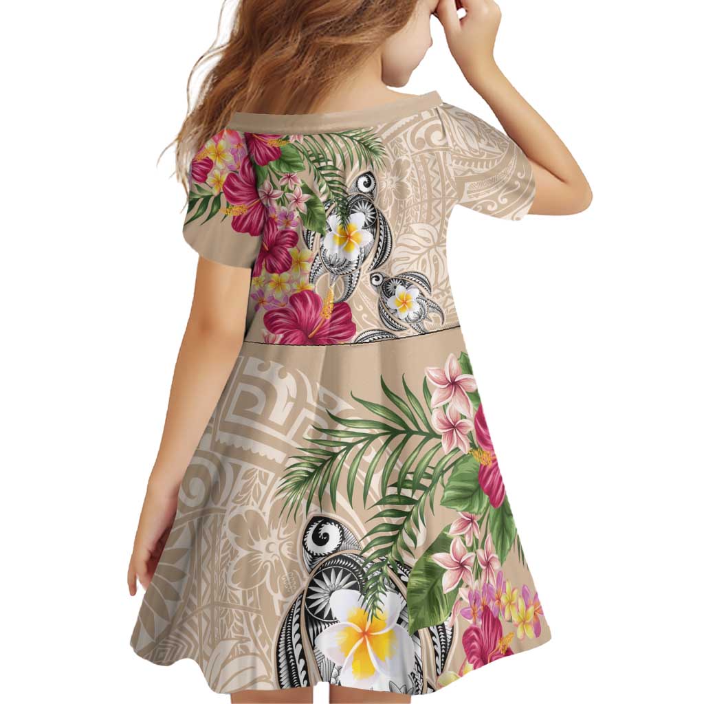 Hawaiian Tropical Flowers and Tribal Turtles Family Matching Long Sleeve Bodycon Dress and Hawaiian Shirt Polynesian Art Motifs Beige Color LT03 - Polynesian Pride