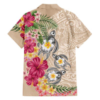 Hawaiian Tropical Flowers and Tribal Turtles Family Matching Long Sleeve Bodycon Dress and Hawaiian Shirt Polynesian Art Motifs Beige Color LT03 - Polynesian Pride